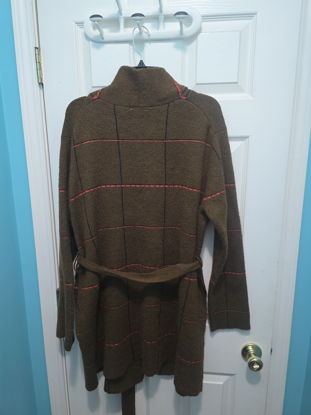 Open-Front Belted Cardigan Sweater in Brown with Red Stripe Size XL - Picture 2 of 4